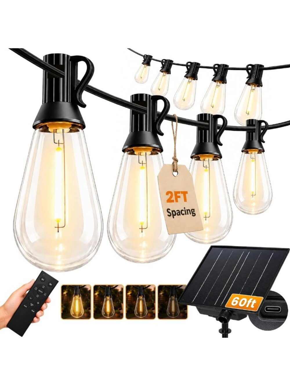 60FT Solar String Lights - Waterproof, 26 LED Edison Bulbs, Dimmable, Timer